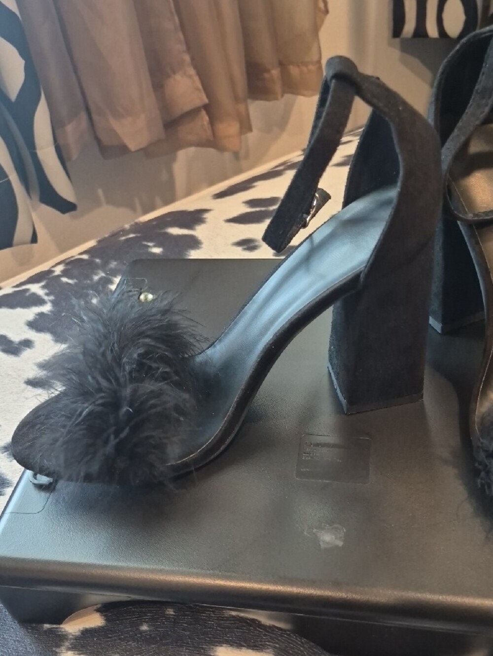 Black Faux-Fur Block Heel Sandals - Women 4inch